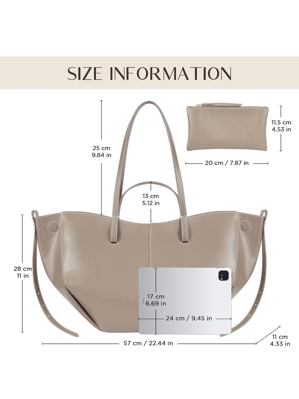 Taupe Structured Leather Tote Bag - Women's Handbag - Picture 2 of 8